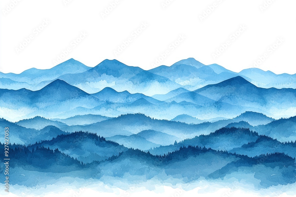Watercolor Blue Mountain Landscape