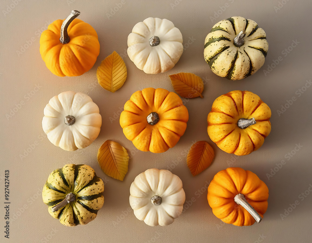 Minimal pattern of Decorative pumpkins with autumn leaves on beige background Minimal pattern of Decorative pumpkins with autumn leaves on beige background