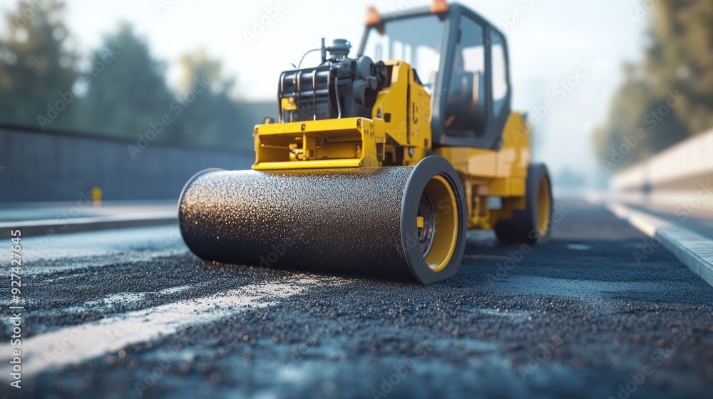 Road Construction with a Yellow Roller Road Construction with a Yellow Roller