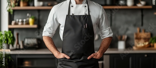 Professional Chef in Modern Kitchen Wearing Black Apron with Hands in Pockets