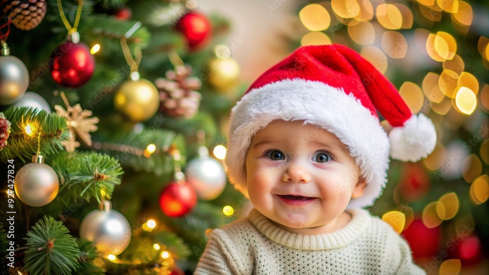 Cute baby wearing christmas hat with christmas tree on the background Cute baby wearing christmas hat with christmas tree on the background