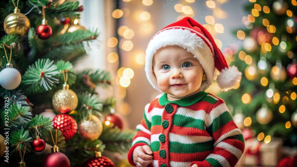 Cute baby wearing christmas hat with christmas tree on the background Cute baby wearing christmas hat with christmas tree on the background