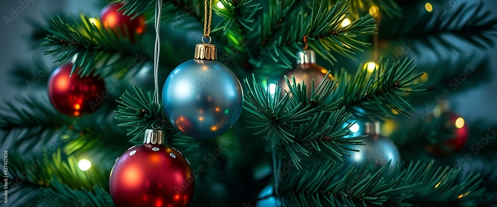 Fototapeta premium Isolated Evergreen Christmas Tree with Decorative Ornaments on Transparent Background