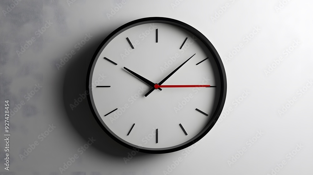 Minimalist wall clock, white wall background, no numbers, clean design, black frame, red second hand, monochromatic color scheme, modern interior, simplistic aesthetic. Minimalist wall clock, white wall background, no numbers, clean design, black frame, red second hand, monochromatic color scheme, modern interior, simplistic aesthetic.