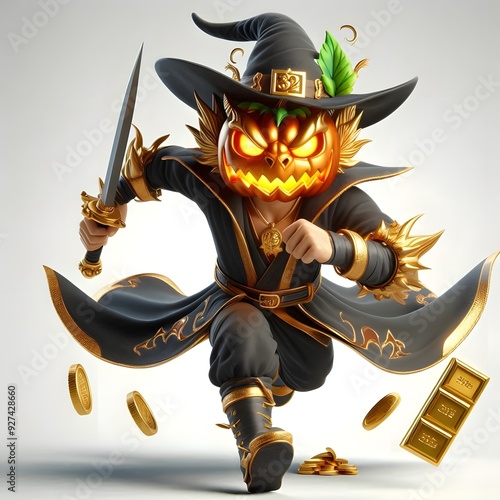 halloween fortune dragon Pumpkinhead slot game character with white plain background photo