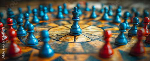 A close-up view of a chessboard with blue and red pawns surrounding a dominant king piece, showcasing strategic gameplay.