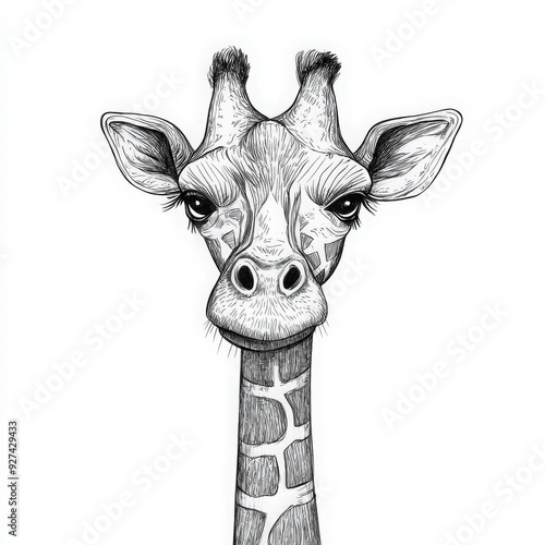 A detailed sketch of a giraffe's head, showcasing its unique features and expressive eyes. photo