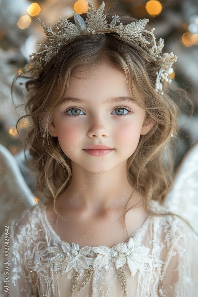 Close up portrait of smiling girl in angel dress on blurred background Happy Christmas Close up portrait of smiling girl in angel dress on blurred background Happy Christmas