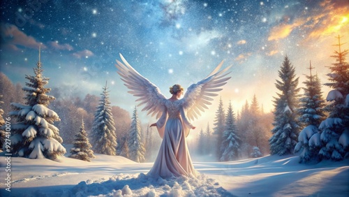 picturesque winter scene with an abstract white angel in the snowy foresy photo