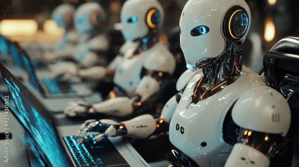 Fototapeta premium Humanoid Robots Working in a Futuristic Data Center