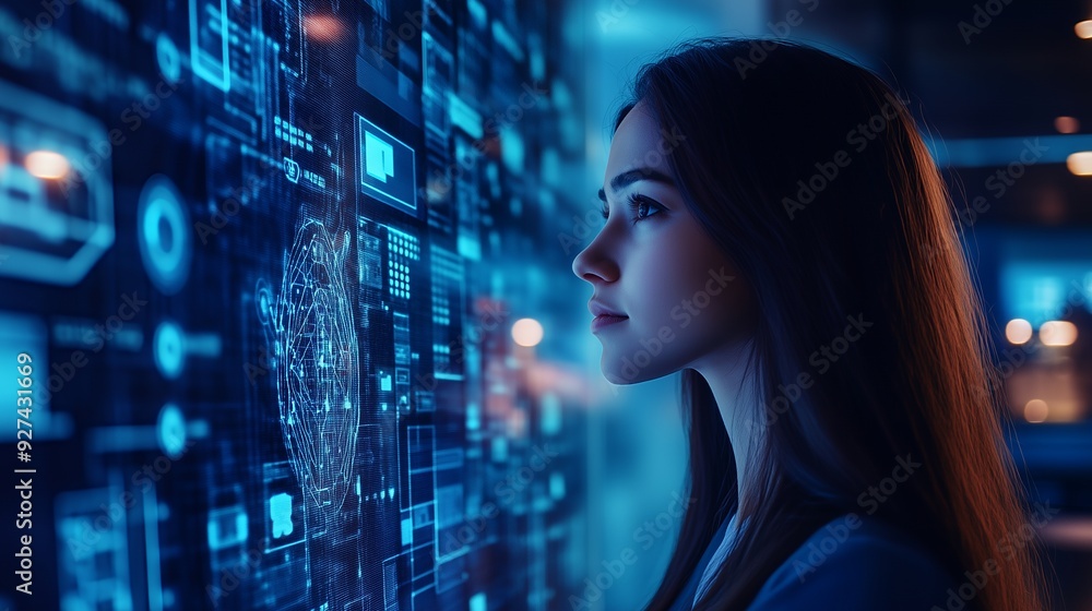 Woman looking at a digital interface with blue and white data. Woman looking at a digital interface with blue and white data.
