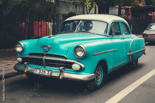 A turquoise vintage car parked on a street with a white line.