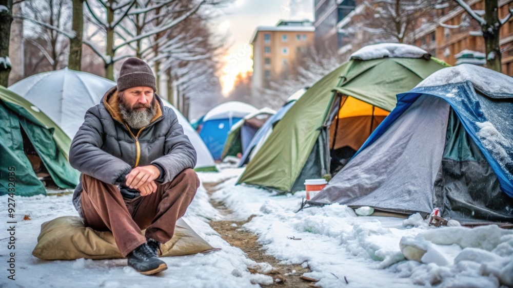 Tent city in winter and sad homeless man sitting on the ground Tent city in winter and sad homeless man sitting on the ground