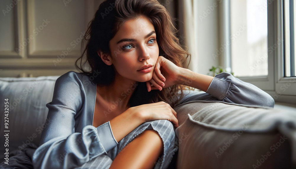Pensive single Asian woman sits on sofa Pensive single Asian woman sits on sofa