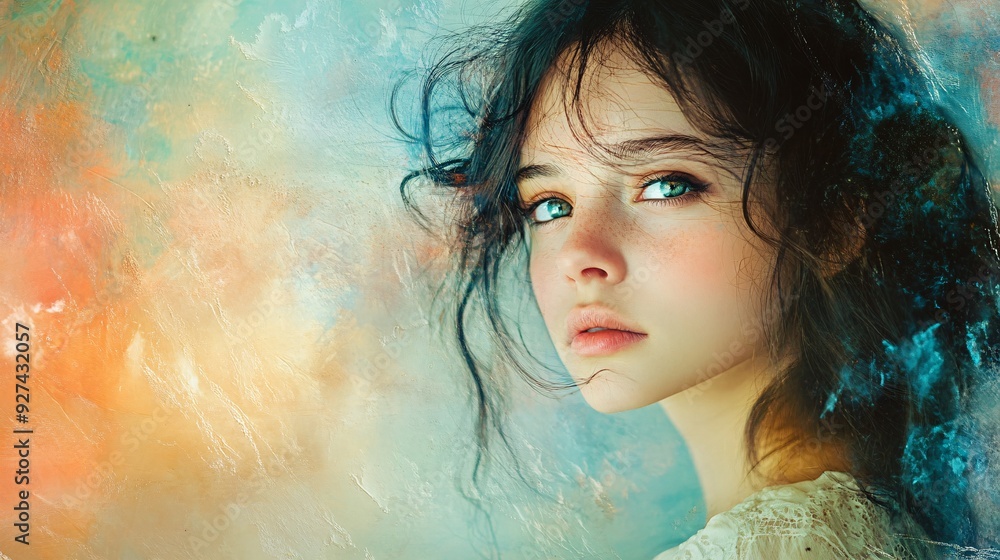 A Mesmerizing Portrait of a Young Woman Amidst Dreamy Pastel Backgrounds A Mesmerizing Portrait of a Young Woman Amidst Dreamy Pastel Backgrounds