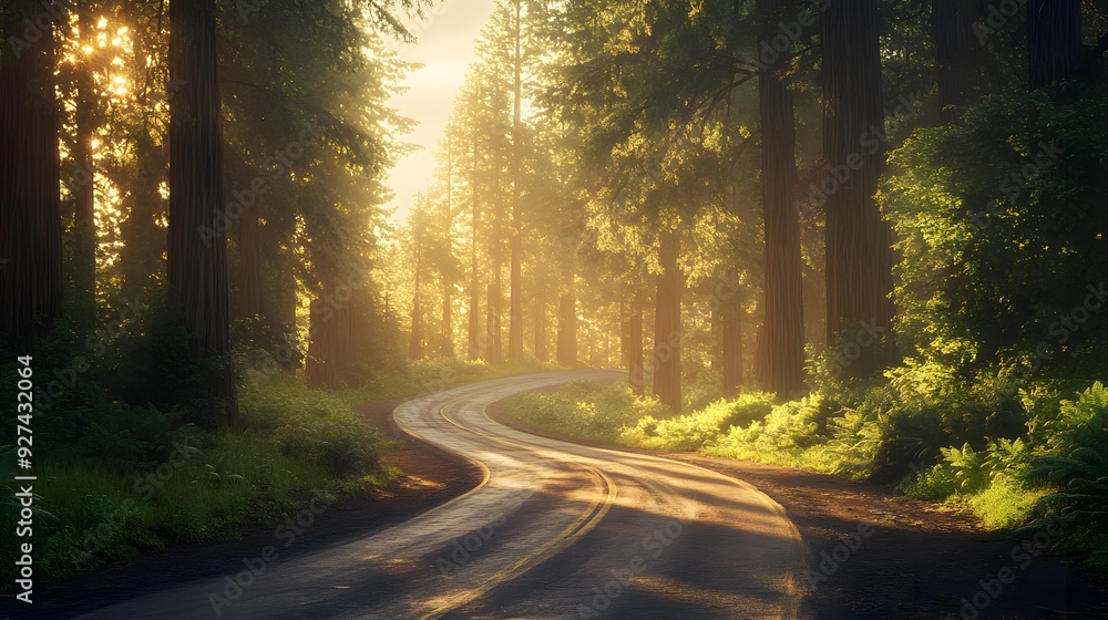 Fototapeta premium Redwood forest, winding road, sunlit forest, towering trees, lush green foliage, dappled sunlight, vibrant colors, golden hour, atmospheric lighting, curved highway, majestic nature.