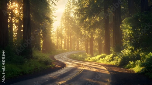 Redwood forest, winding road, sunlit forest, towering trees, lush green foliage, dappled sunlight, vibrant colors, golden hour, atmospheric lighting, curved highway, majestic nature.