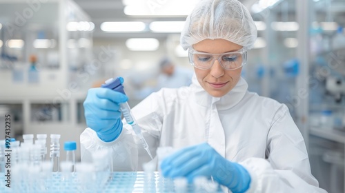 epidemiologist researcher in lab coat, gloves, and scrubs pipetting samples into test tubes, disease prevention, scientific research, public health, laboratory work