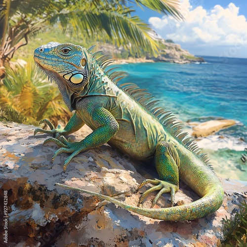 Colorful Green Iguana in a Tropical Landscape Capture a striking birds-eye view of an emerald-green iguana basking on a rocky outcrop under a tropical sun using realistic digital techniques photo