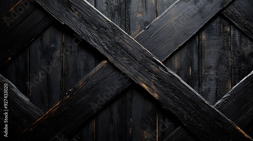 Rustic black wooden planks, geometric pattern, crisscross design, textured wood grain, dark timber surface, contrasting shadows and highlights, architectural detail.