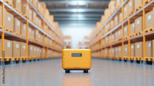 Autonomous warehouse robot navigating through shelves of boxes in a modern storage facility.. photo