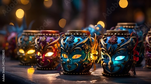 A vibrant display of assorted carnival masks in various colors.