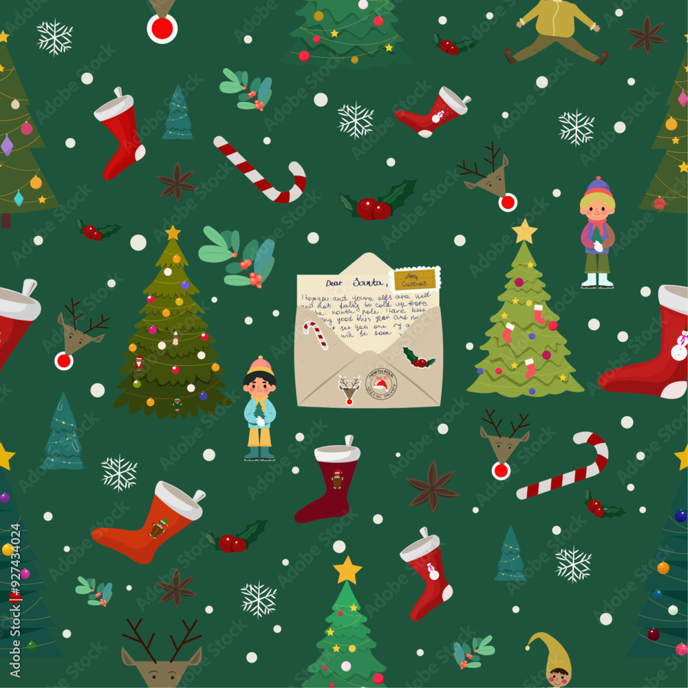 Seamless christmas pattern with ornaments. Xmas wrapping paper concept good for textile, wallpaper, fabric prints or wrapping paper. Elements on dark green background. Vector illustration Seamless christmas pattern with ornaments. Xmas wrapping paper concept good for textile, wallpaper, fabric prints or wrapping paper. Elements on dark green background. Vector illustration