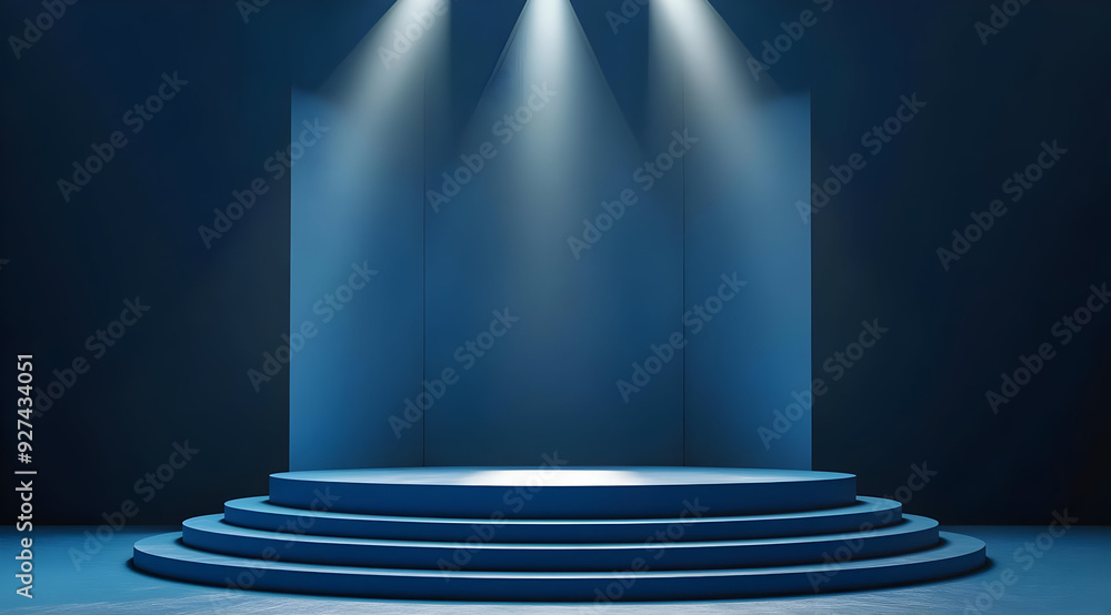 Obraz premium A dramatic stage setup with blue lighting, perfect for performances and presentations, creating an ambiance of anticipation.