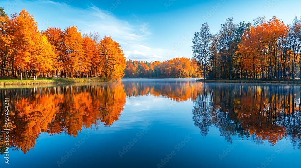 A vibrant autumn landscape reflected perfectly in the calm waters of a serene lake, with the brilliant colors of fall creating a stunning mirror image A vibrant autumn landscape reflected perfectly in the calm waters of a serene lake, with the brilliant colors of fall creating a stunning mirror image