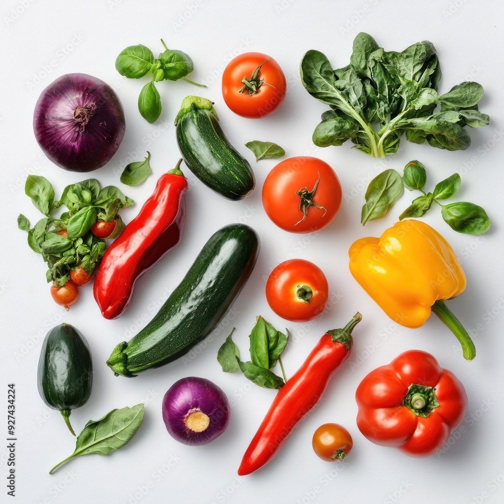 Fresh Vegetables and Herbs Arranged on a White Background Fresh Vegetables and Herbs Arranged on a White Background