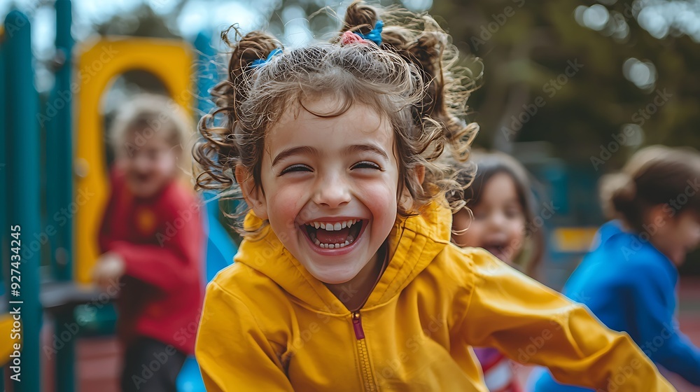 A group of diverse children playing joyfully on a colorful playground, their laughter and energy filling the air with happiness A group of diverse children playing joyfully on a colorful playground, their laughter and energy filling the air with happiness
