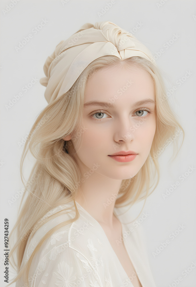 portrait of a blond woman in a scarf isolated on a white background portrait of a blond woman in a scarf isolated on a white background