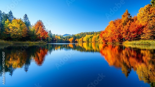 A vibrant autumn landscape reflected perfectly in the calm waters of a serene lake, with the brilliant colors of fall creating a stunning mirror image