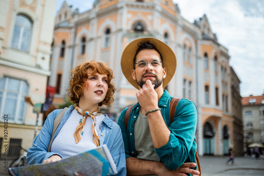 Fototapeta premium Young couple using a map to explore the new city on their vacation.
