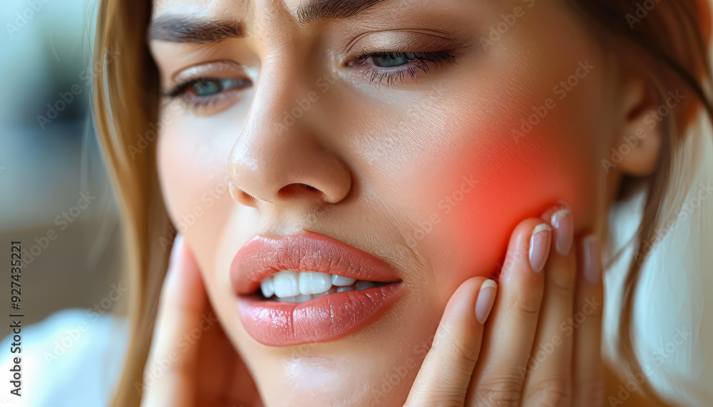 A woman with a red mark on her face is holding her hand to her cheek, visibly experiencing tooth pain. The image conveys discomfort and dental distress. A woman with a red mark on her face is holding her hand to her cheek, visibly experiencing tooth pain. The image conveys discomfort and dental distress.