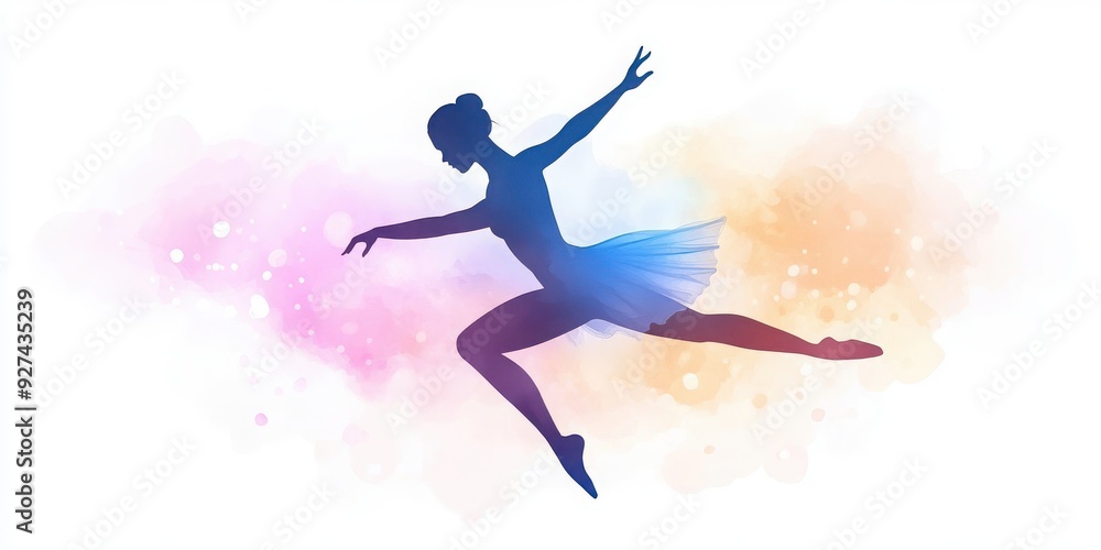 A graceful ballet dancer leaps into the air, surrounded by colorful watercolor splashes, embodying elegance and artistry. A graceful ballet dancer leaps into the air, surrounded by colorful watercolor splashes, embodying elegance and artistry.