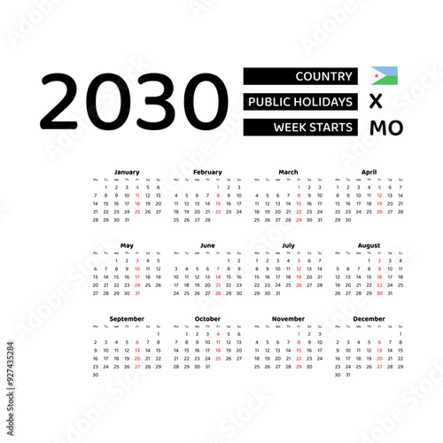 Calendar 2030 English language with Djibouti public holidays. Week starts from Monday. Graphic design vector illustration.nday. Graphic design vector illustration. photo