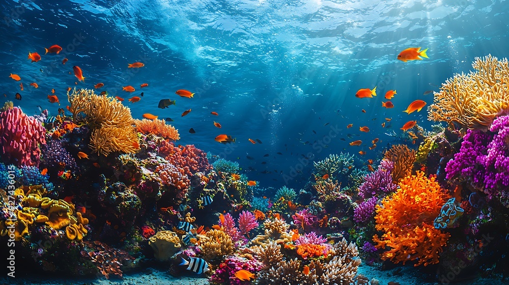 Fototapeta premium A vibrant coral reef teeming with life, featuring a kaleidoscope of tropical fish darting among the colorful corals