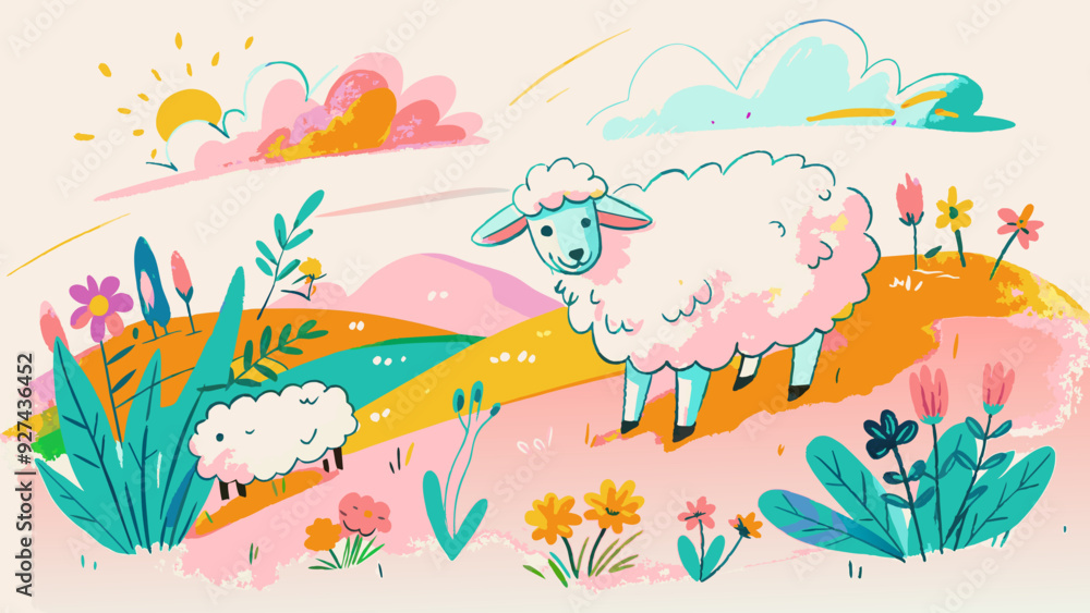 Colorful Cartoon Landscape with Playful Sheep and Nature Elements Colorful Cartoon Landscape with Playful Sheep and Nature Elements