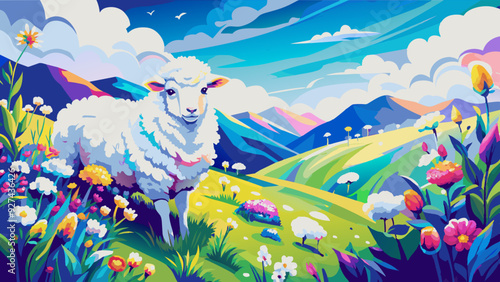 Vibrant Cartoon Landscape with Cheerful Sheep in Blossoming Meadow