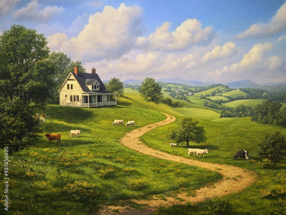 A white farmhouse on a green hillside with a dirt road leading to the distant mountains, with cows grazing in the field. A white farmhouse on a green hillside with a dirt road leading to the distant mountains, with cows grazing in the field.