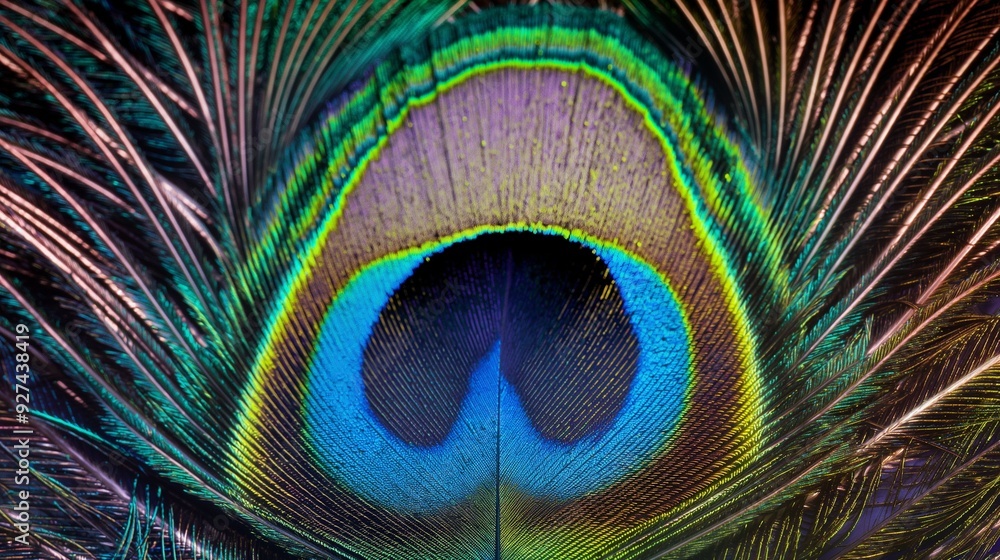Fototapeta premium A vibrant peacock feather texture with intricate details and brilliant colors, perfect for a bold graphic background.