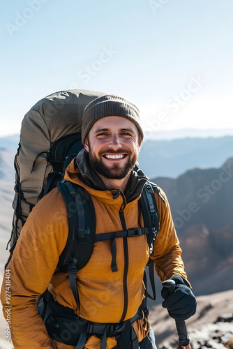 adventurous man with a wide grin, wearing hiking gear and standing triumphantly on a mountain peak.