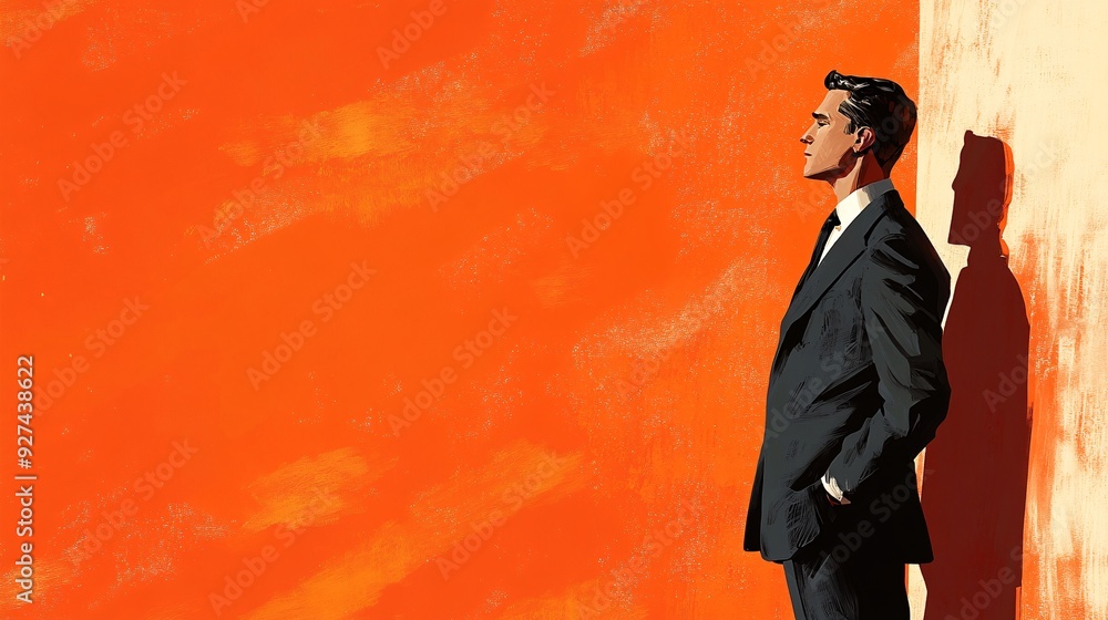 An Elegant Man in a Suit Leans Against a Vibrant Orange Wall in Reflection An Elegant Man in a Suit Leans Against a Vibrant Orange Wall in Reflection