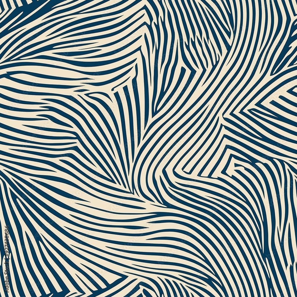 A seamless pattern featuring wavy zebra-like stripes in dark blue and beige, creating a dynamic and abstract visual effect. The organic lines add a sense of movement and rhythm. A seamless pattern featuring wavy zebra-like stripes in dark blue and beige, creating a dynamic and abstract visual effect. The organic lines add a sense of movement and rhythm.