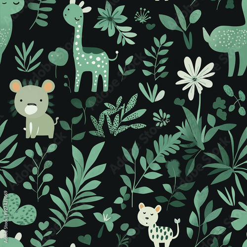 Wallpaper Mural A whimsical nature pattern with green leaves, flowers, and cute animals on a black background, perfect for a playful and seamless design. Torontodigital.ca