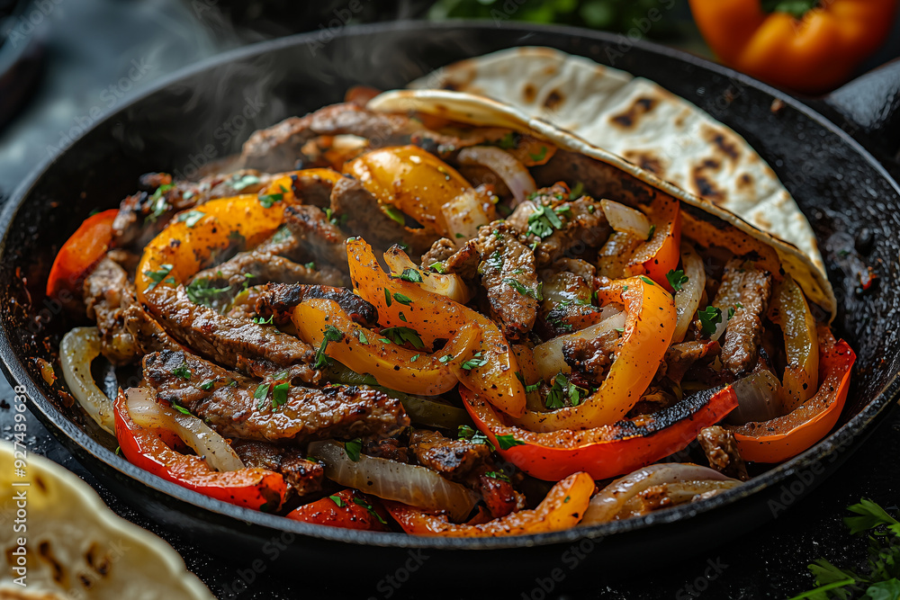 sizzling fajitas served in a cast iron skillet with charred bell peppers and onions, a mouthwatering combination of textures and spices sizzling fajitas served in a cast iron skillet with charred bell peppers and onions, a mouthwatering combination of textures and spices