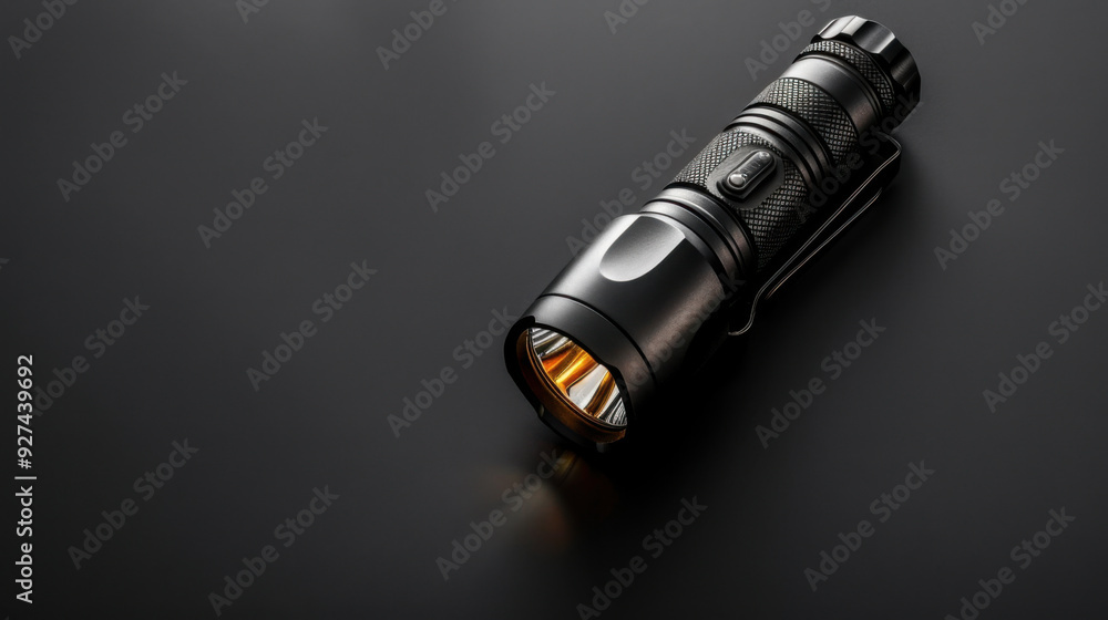 Close-up of a black flashlight with a lit bulb, placed on a dark, sleek background, showcasing its rugged design. Close-up of a black flashlight with a lit bulb, placed on a dark, sleek background, showcasing its rugged design.