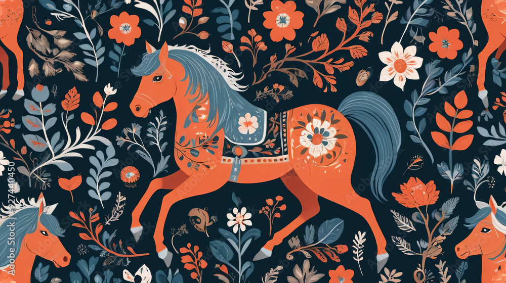 Seamless pattern in Scandinavian style with animals, flowers, leaves, branches. Folk art. Background with floral ornaments and animal illustrations. Home decoration Seamless pattern in Scandinavian style with animals, flowers, leaves, branches. Folk art. Background with floral ornaments and animal illustrations. Home decoration