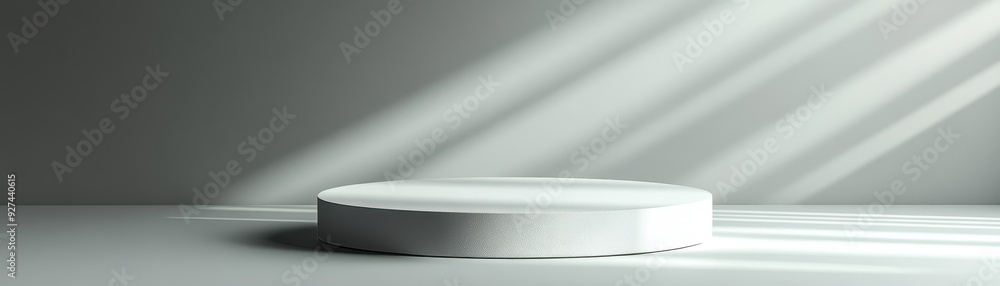 Minimalist White Circular Pedestal in Sunlit Room with Shadows on Wall - Modern Interior Design Concept Minimalist White Circular Pedestal in Sunlit Room with Shadows on Wall - Modern Interior Design Concept